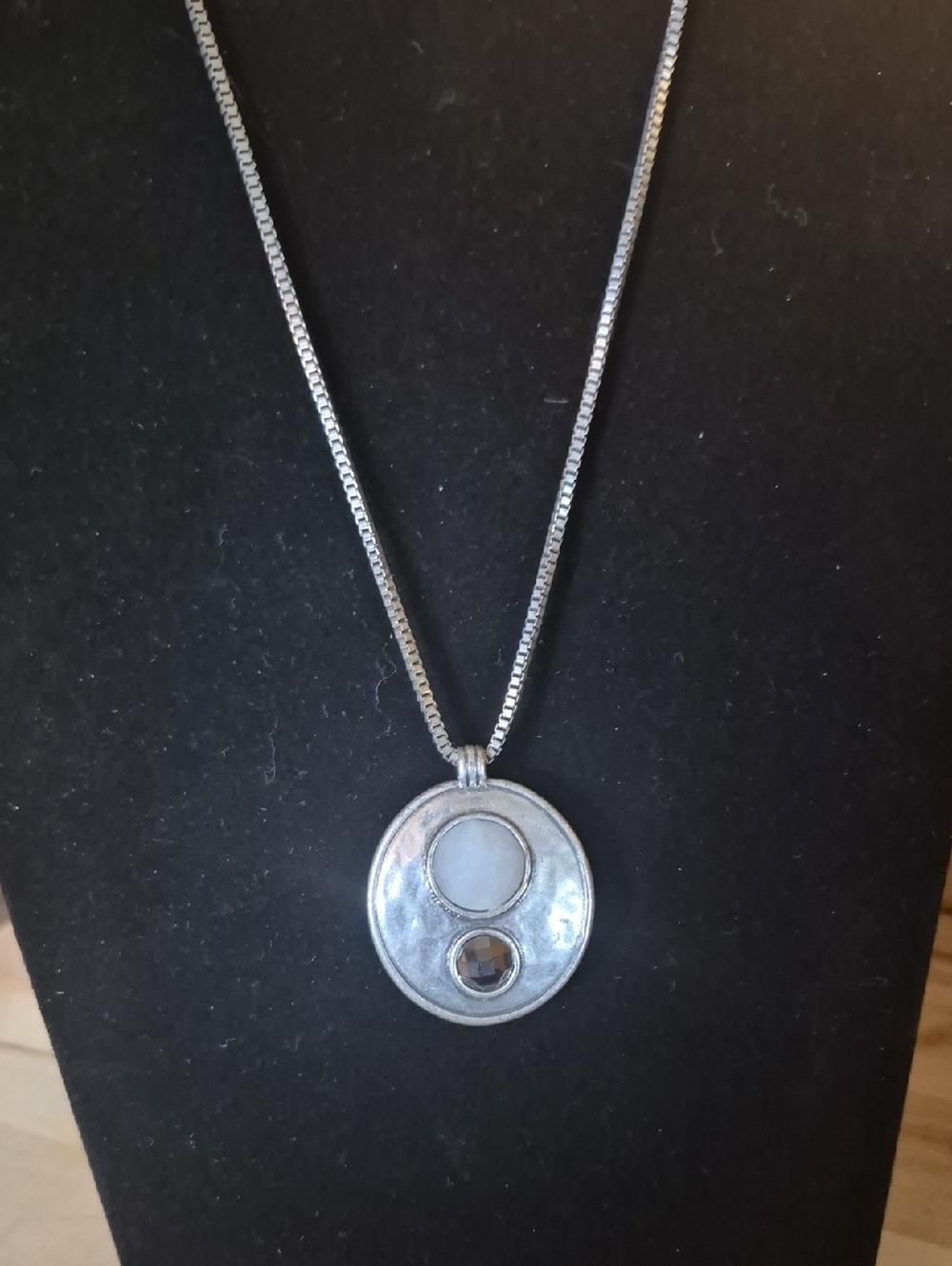 Silver-Tone Round Pendant Necklace with White and Smoky Stones
